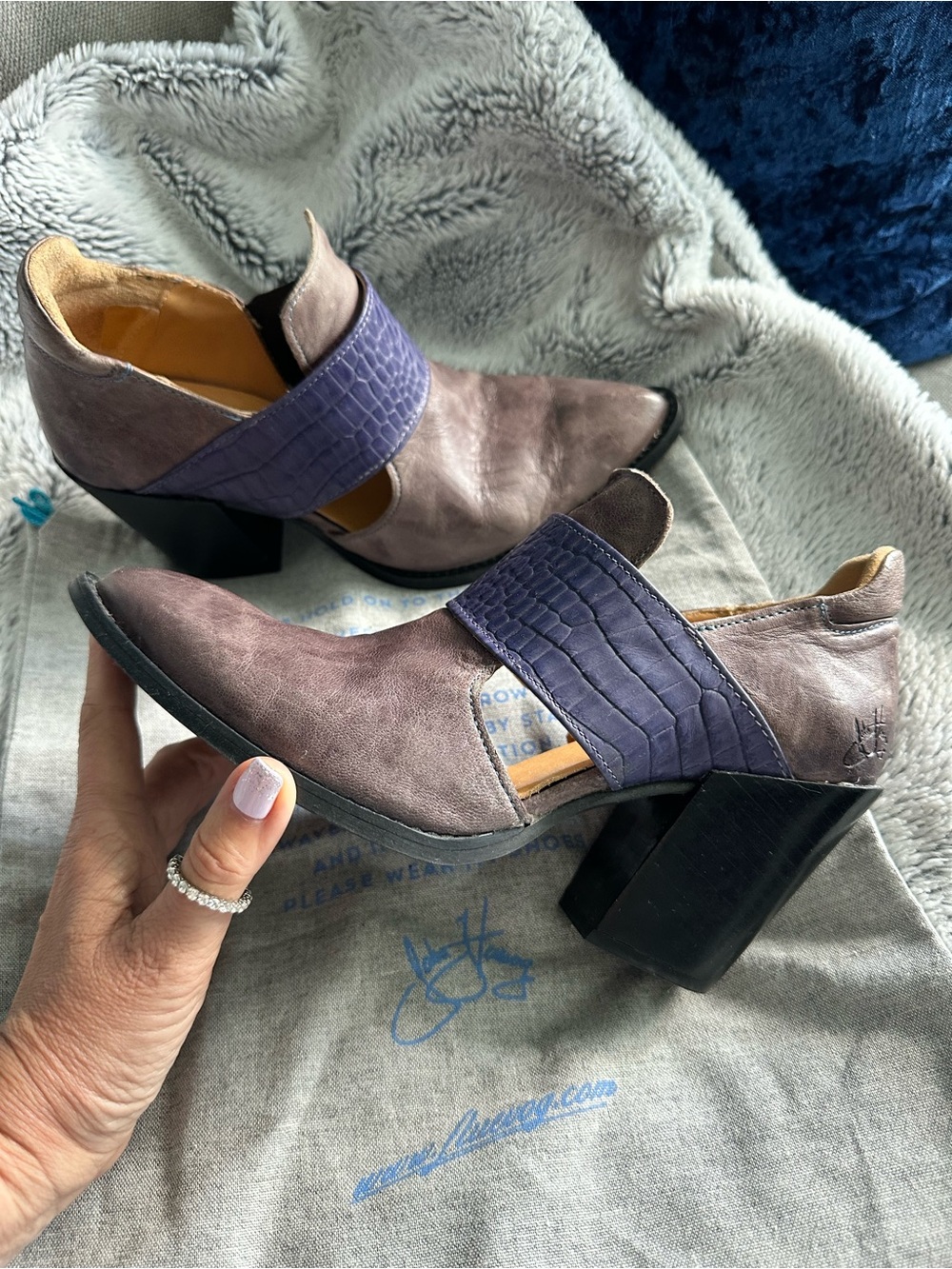John Fluevog iconic“Entrance Room 502” Violet & Purple Leather, Block Heel Shoes